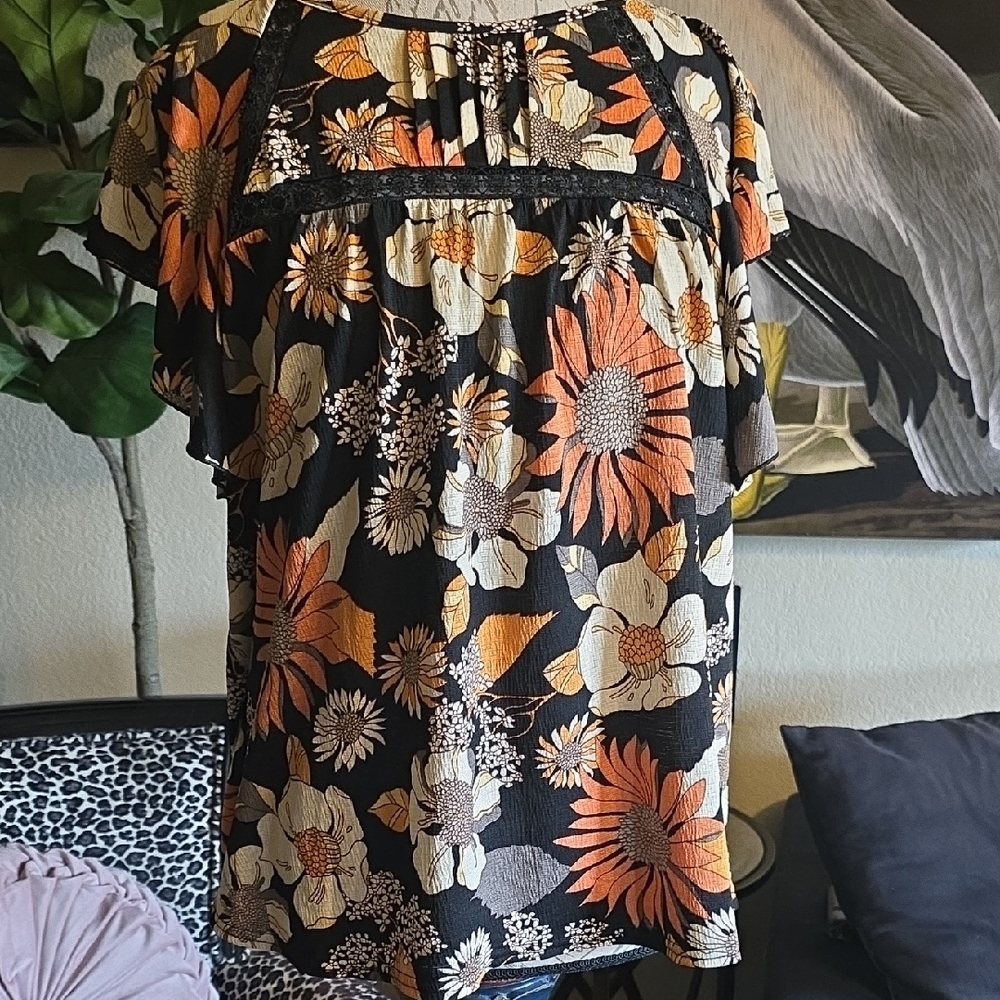 Anthropologie Black Floral Top with Orange and Cream Accents